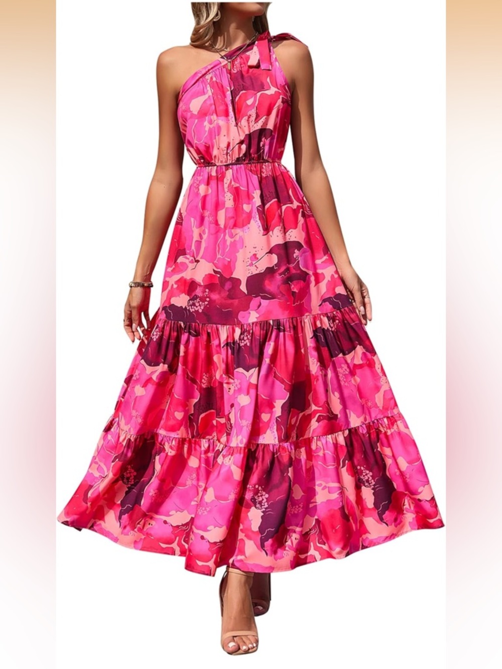 One-Shoulder Pink Floral Tiered Maxi Dress